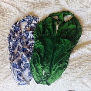 One-Piece Swimsuit Bundle – Halter Neck Keyhole Front | Tropical Print & Green